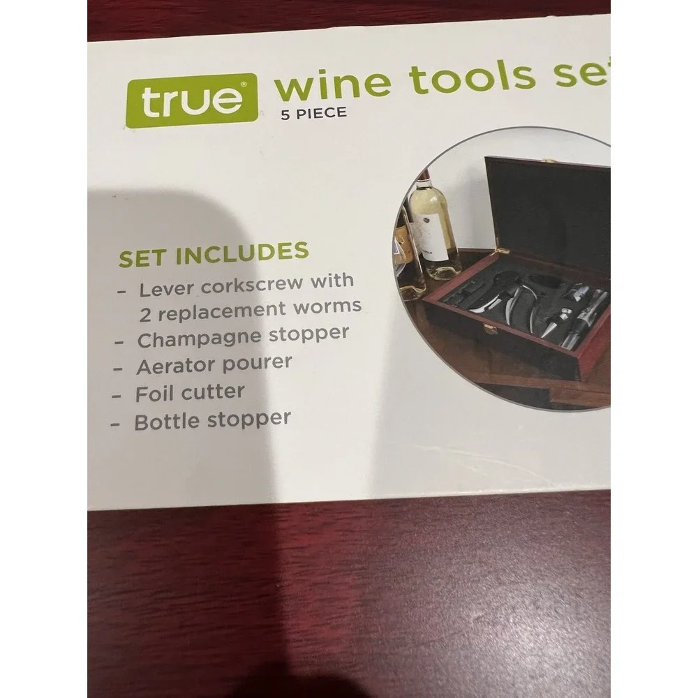 New True 5pc Wine Tools Set w/ Wooden Case Corkscrew Pourer Foil Cutter Stoppers